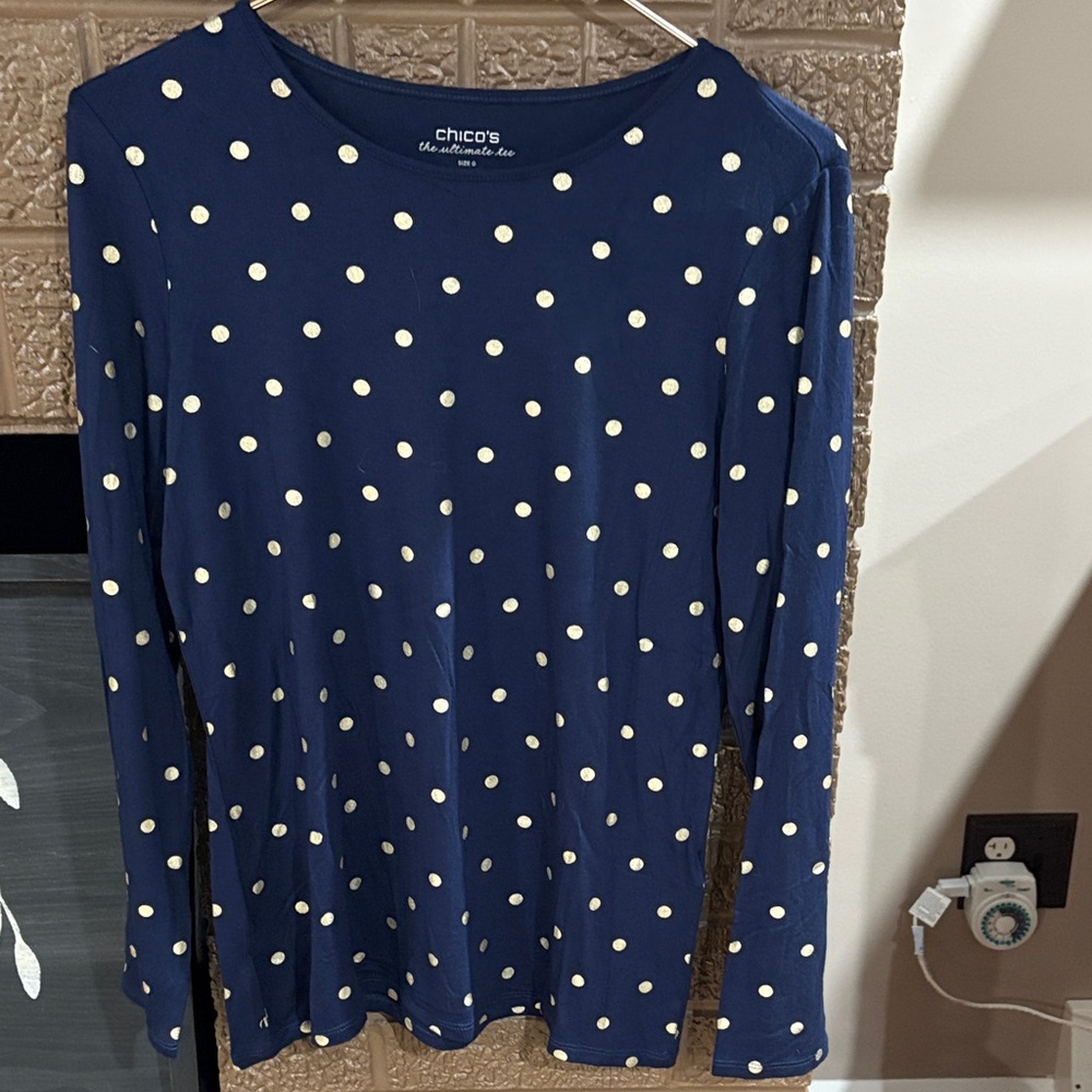 Chico's Dark Blue and Gold polkadot Blouse